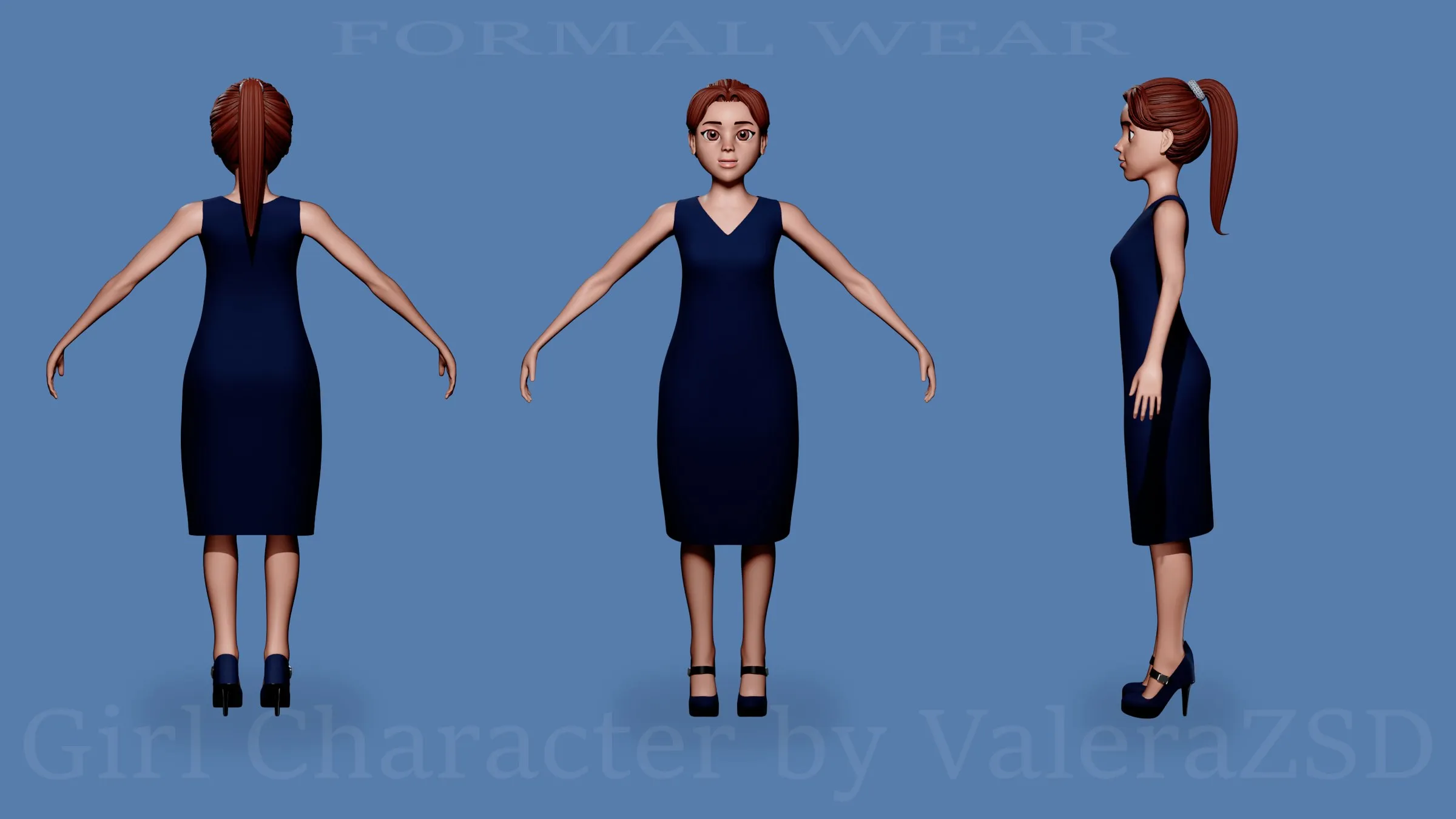 a stylised red-haired woman in a navy dress, shown from the back, front and side