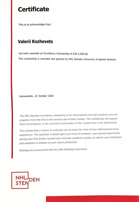 NHL Stenden certificate of the Excellency Scholarship, made out to Valerii Kozhevets, Leeuwarden, 22 October 2026