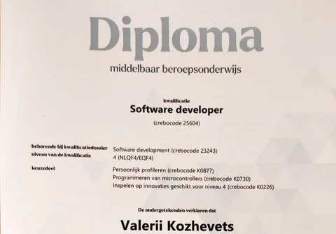 MBO diploma for Software developer, crebocode 25604, made out to Valerii Kozhevets