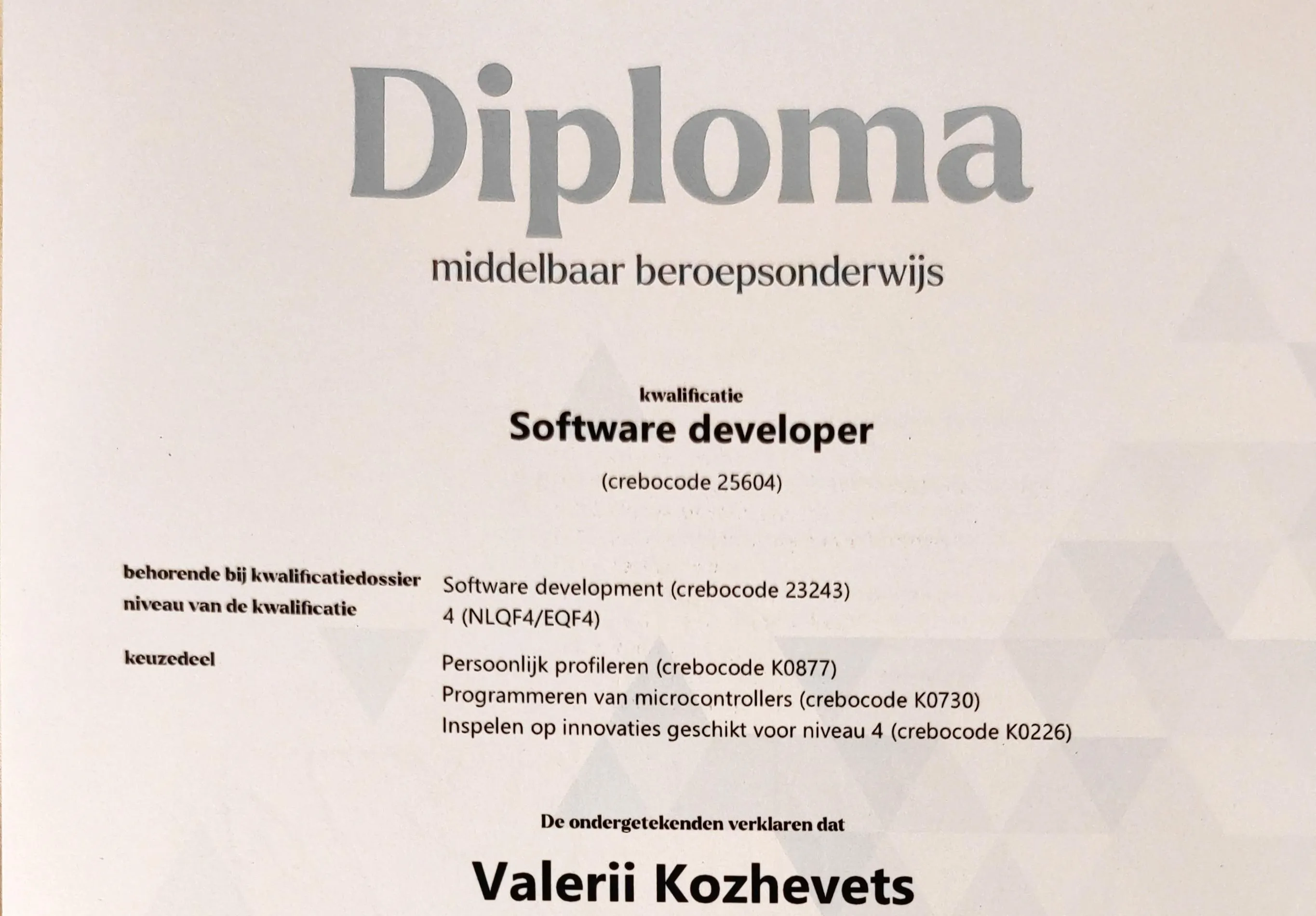 MBO diploma for Software developer, crebocode 25604, made out to Valerii Kozhevets