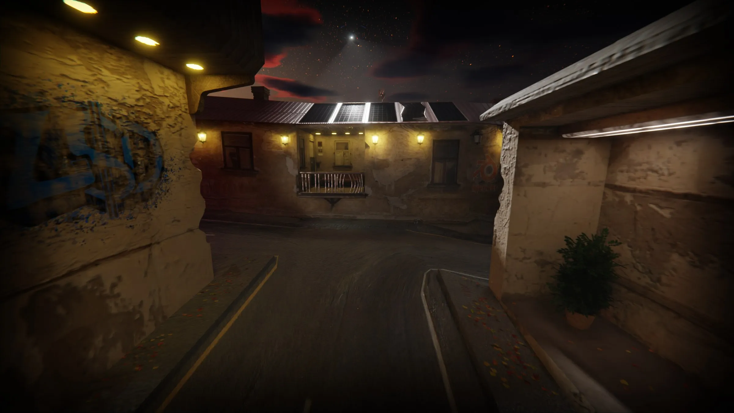 a night street between old plastered houses, with a balcony and solar panels on the roof