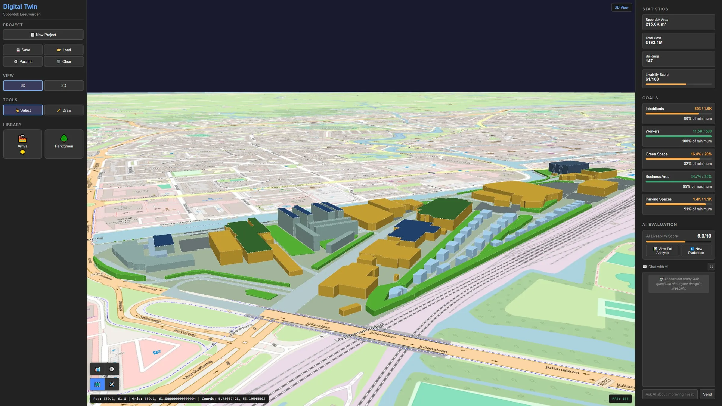 the application in February 2026: flat coloured blocks on an OpenStreetMap base map, a statistics and goals panel on the right and an AI liveability score of 6.0 out of 10
