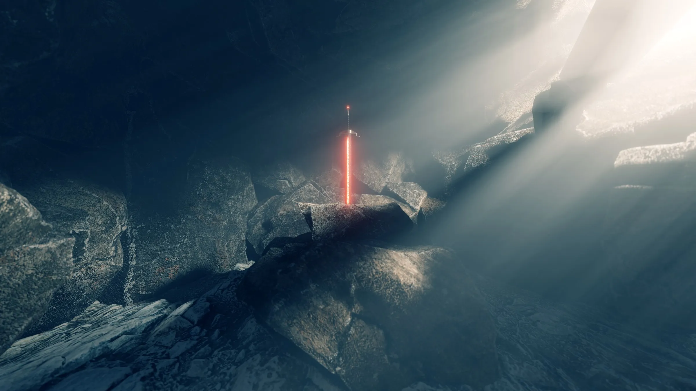 a sword with a glowing red blade stuck in a rock inside a cave, lit by beams of light